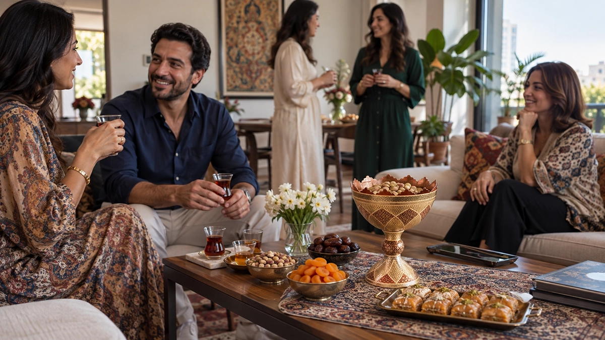 Persian housewarming gathering with tea, sweets and a handcrafted serving piece in a contemporary home