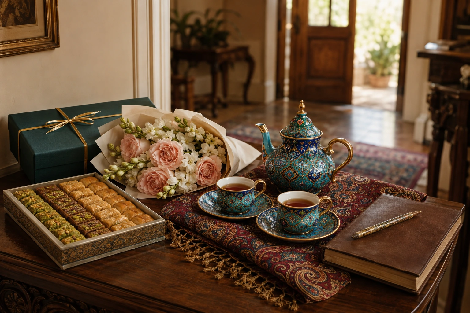 Handmade Persian gifts including a Minakari tea set, a Hafez book and flowers arranged for a visit to an Iranian family