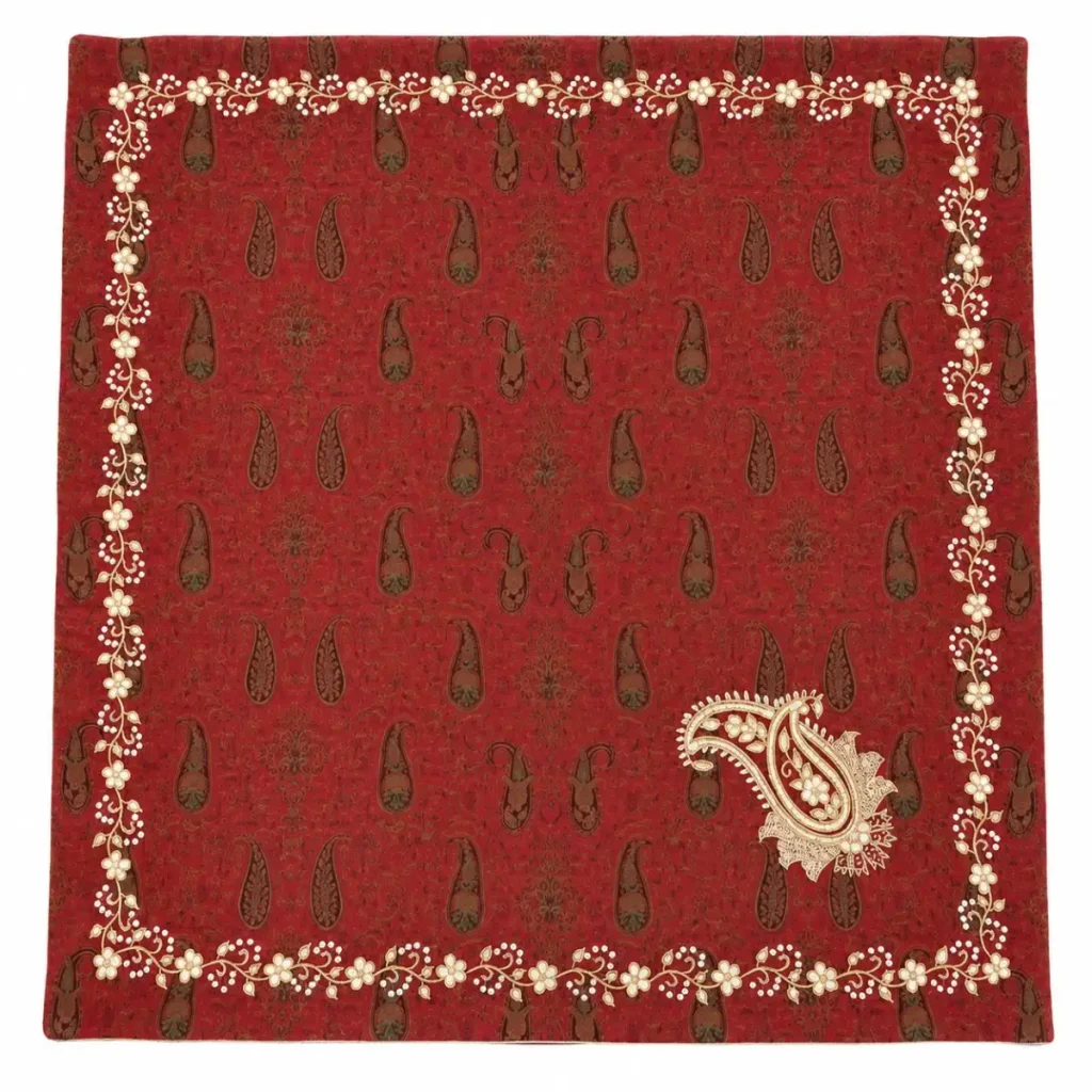 Sarv-e Khamideh Termeh Tablecloth with Hand Embroidered Sarmeh-Dozi