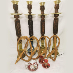 Farvahar Shisha beautifully hand engraved from the finest walnut wood by our artist based in Karaj. The handmade glass base is decorated with hand, gold gilt and enamel painted decoration.  Height : 85 cm Material: Walnut wood body, Glass base Style: Persian Shisha Handmade-Persis Collection